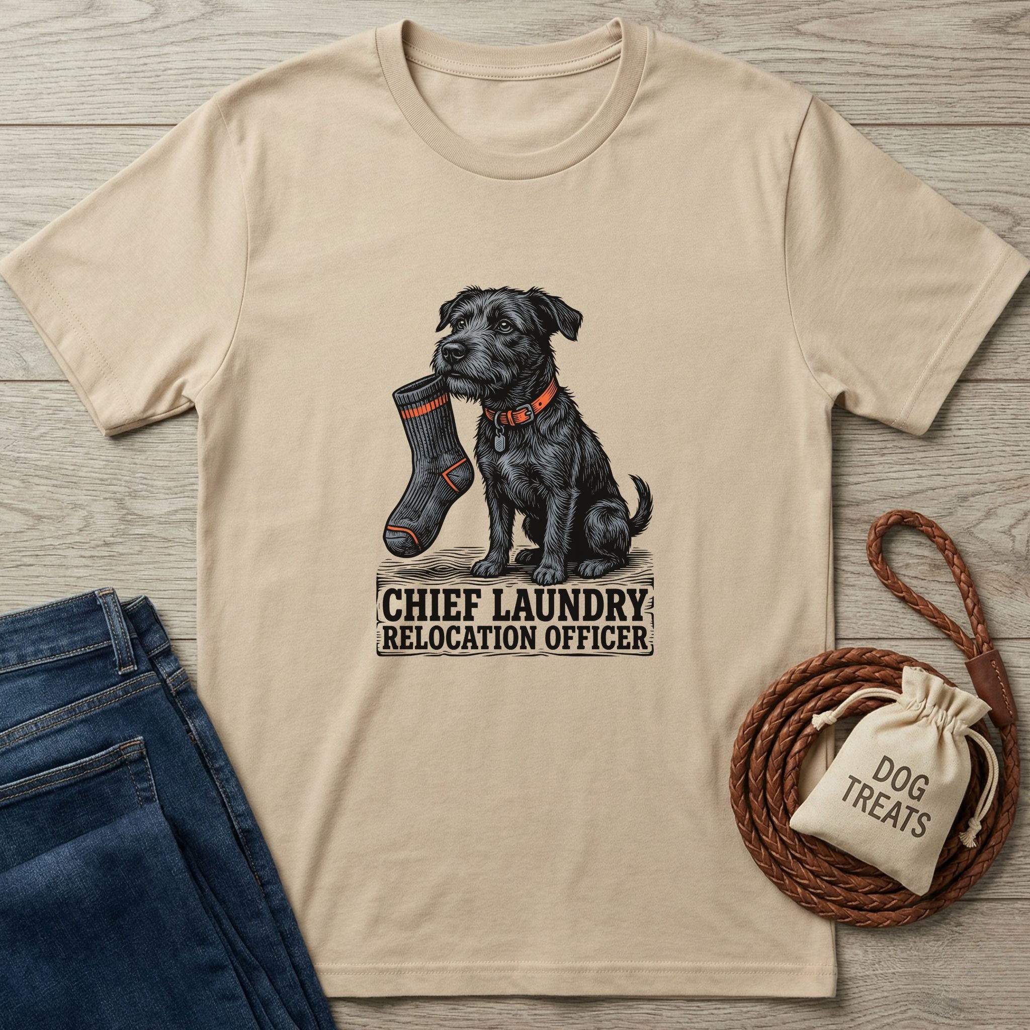Sand Gildan Softstyle® t-shirt with a black dog holding a sock and "Chief Laundry Relocation Officer" text.