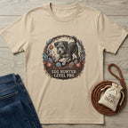 Beige Gildan Softstyle® t-shirt with "Egg Hunter: Level Pro" graphic featuring a dog and Easter eggs.