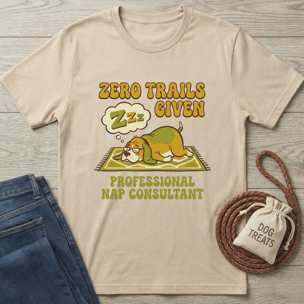 Sand Gildan Softstyle t-shirt with "Zero Trails Given" and a sleeping dog graphic.