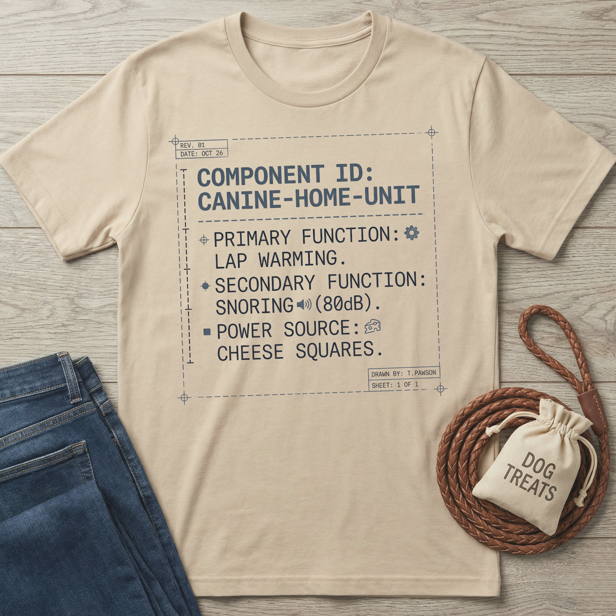 Beige cotton t-shirt with "Canine Home Unit" blueprint design, paired with jeans and a "Dog Treats" pouch.
