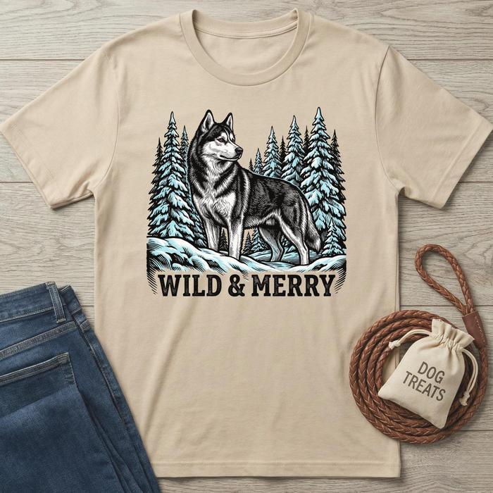 Beige short-sleeve t-shirt with a husky in a snowy forest and "WILD & MERRY" text.