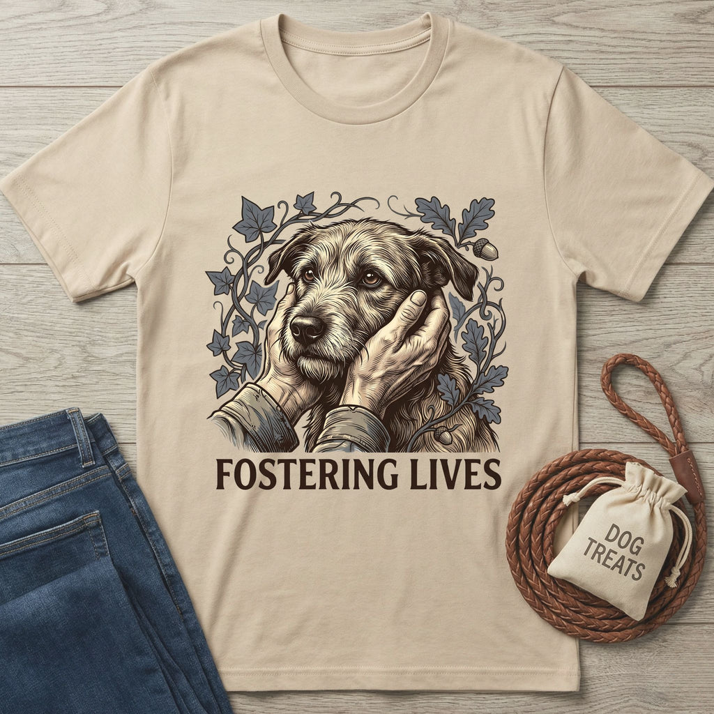 Gildan Softstyle® 64000 tee in natural with "Fostering Lives" text and a graphic of hands petting a rescue dog.