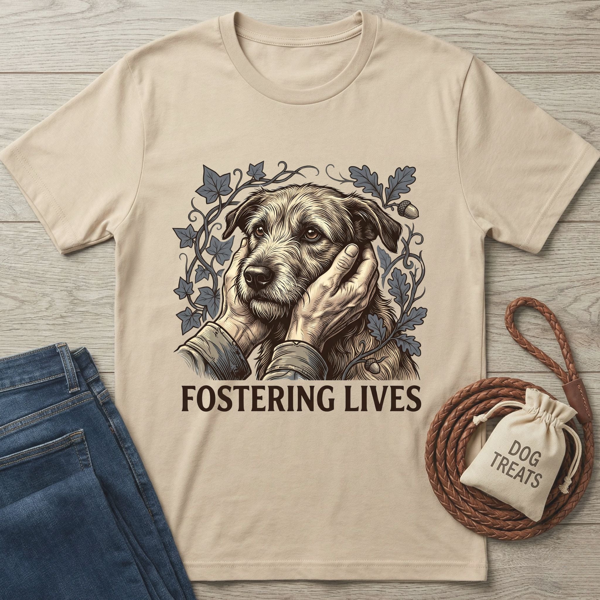 Gildan Softstyle® 64000 tee in natural with "Fostering Lives" text and a graphic of hands petting a rescue dog.
