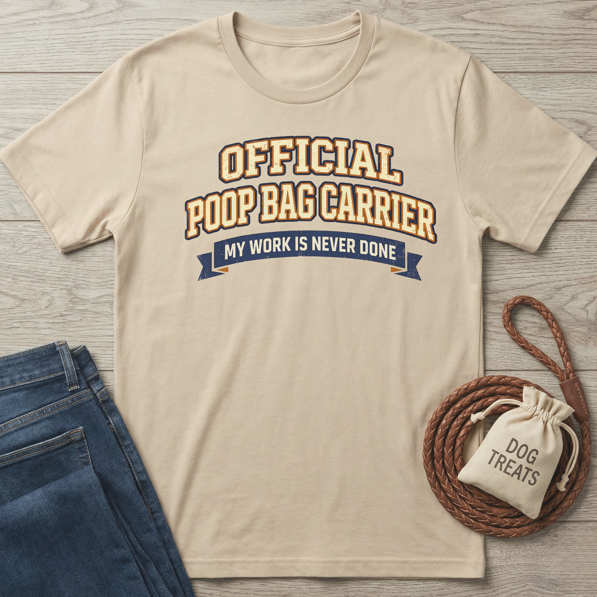 Tan cotton t-shirt with "OFFICIAL POOP BAG CARRIER MY WORK IS NEVER DONE" text, next to jeans and dog treats.