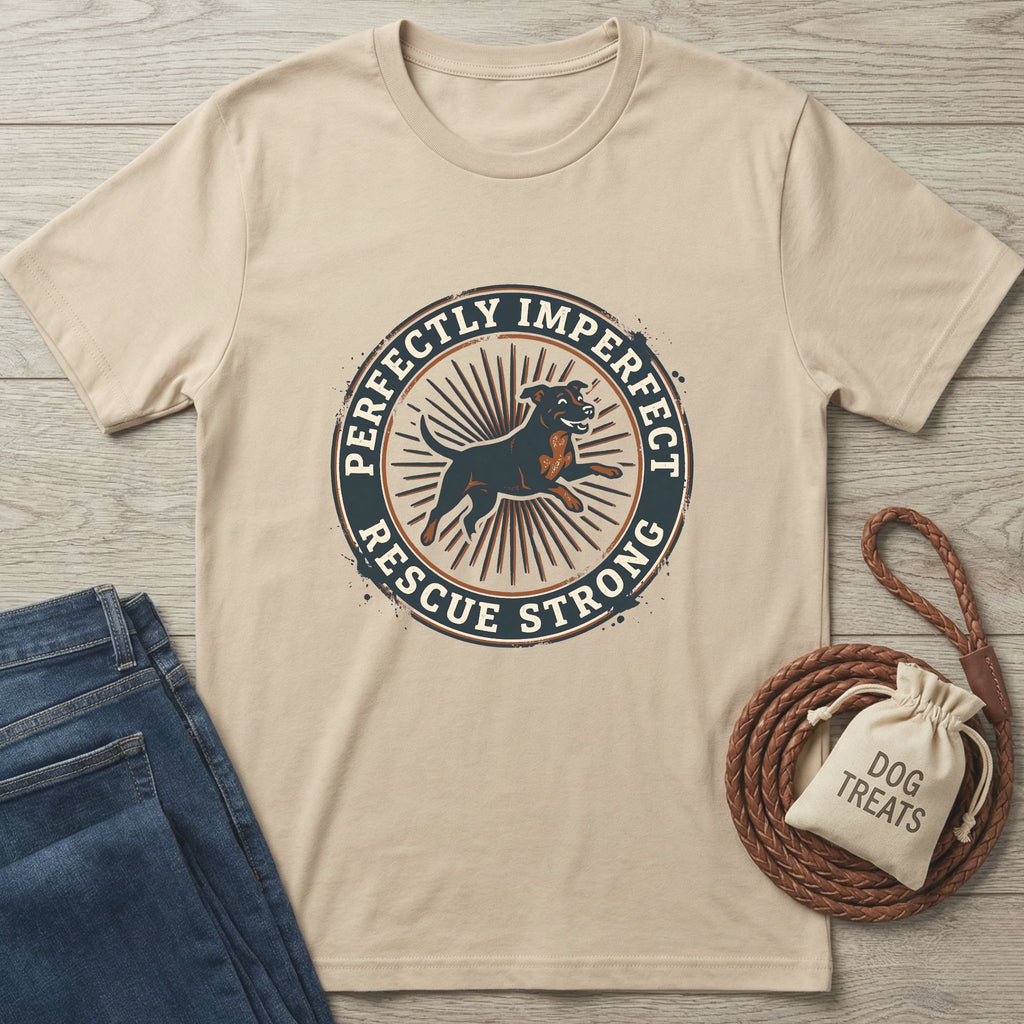 Tan Gildan Softstyle® t-shirt with "Perfectly Imperfect Rescue Strong" graphic featuring a running dog.