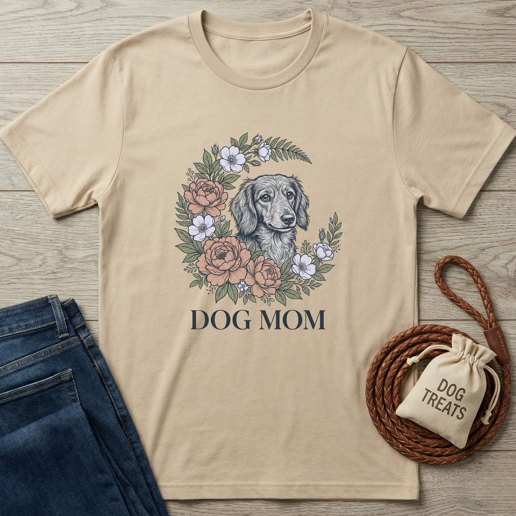 Tan Gildan Softstyle Dog Mom t-shirt with a floral wreath and dachshund graphic, next to jeans and dog treats.