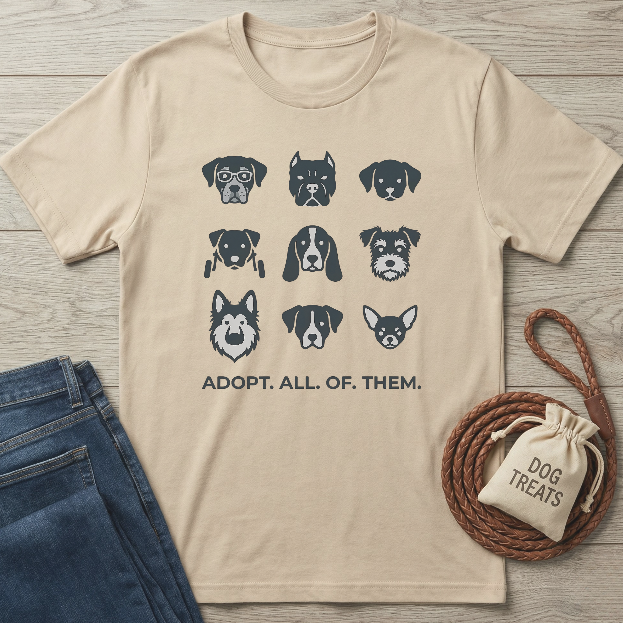 Beige cotton t-shirt with nine cartoon dog faces and "ADOPT. ALL. OF. THEM." text.