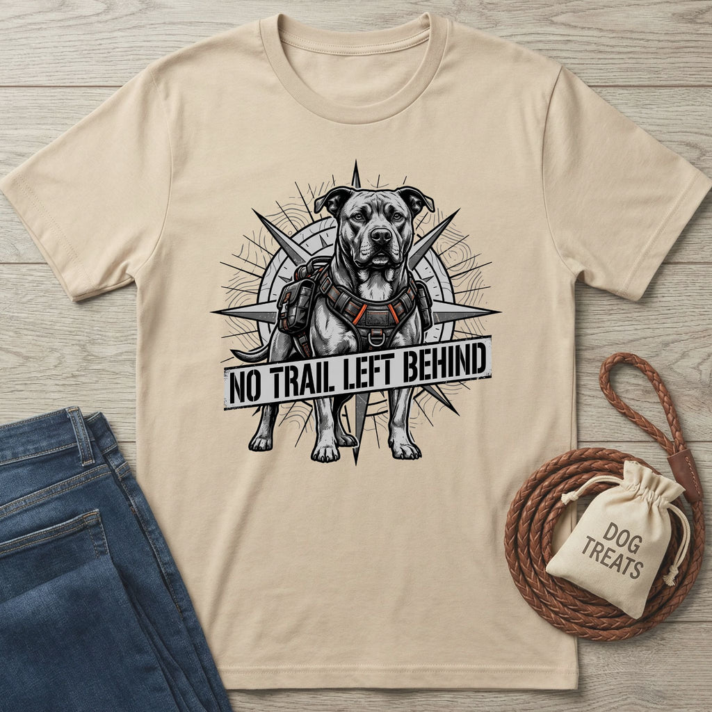 Beige Gildan Softstyle t-shirt with a graphic of a pit bull in a harness and "NO TRAIL LEFT BEHIND" text.