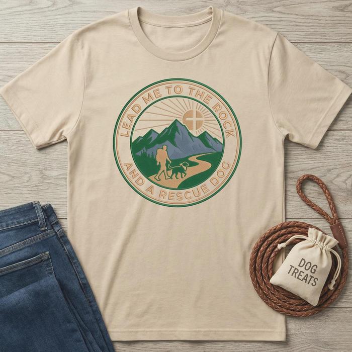 Beige cotton t-shirt with "Lead Me To The Rock And A Rescue Dog" graphic featuring mountains, sun, hiker, and dog.