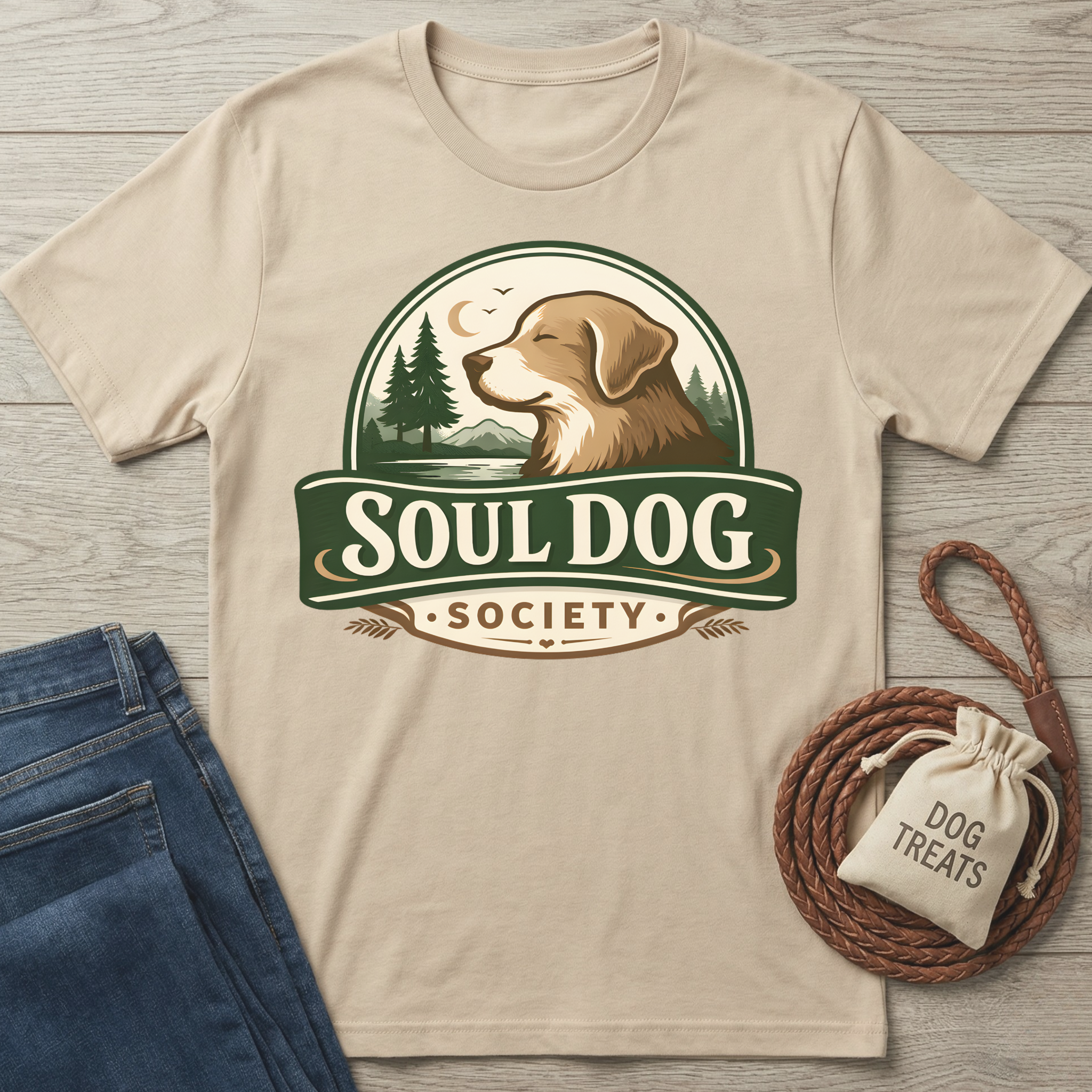 Beige cotton Soul Dog Society logo t-shirt with a brown dog, trees, and moon design.