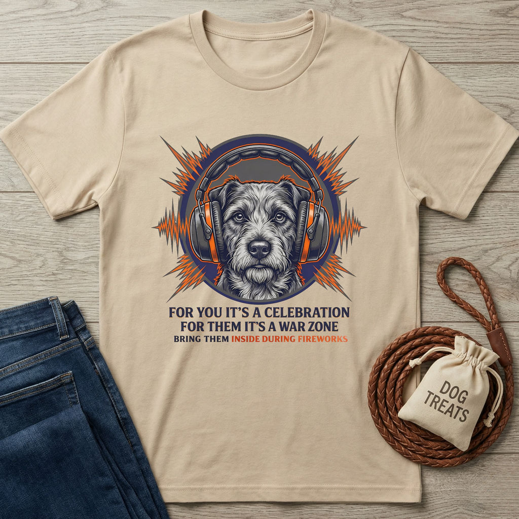 Tan Gildan Softstyle t-shirt with a graphic of a dog wearing headphones and text "FOR THEM IT'S A WAR".