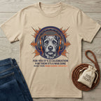 Tan Gildan Softstyle t-shirt with a graphic of a dog wearing headphones and text "FOR THEM IT'S A WAR".