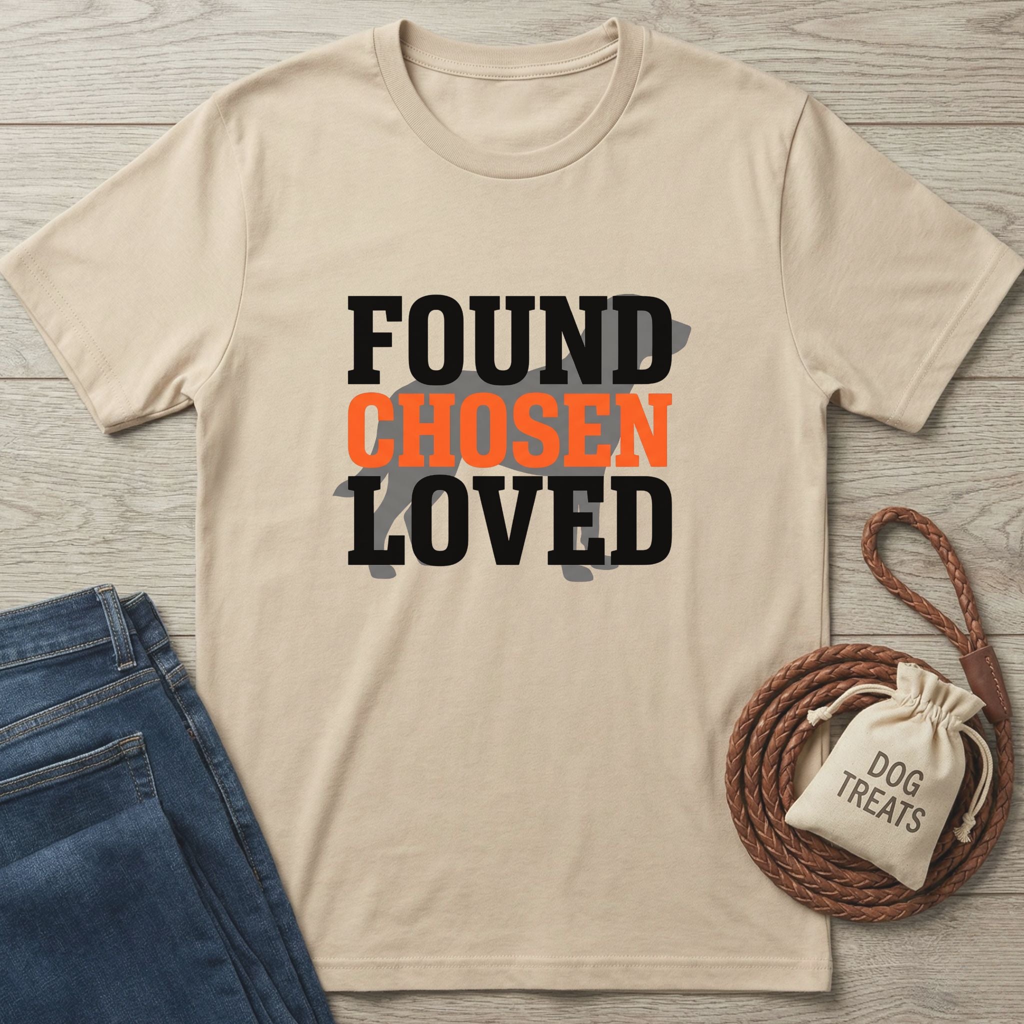 Beige Gildan Softstyle® t-shirt with "FOUND CHOSEN LOVED" text and a dog silhouette, next to jeans and dog treats.