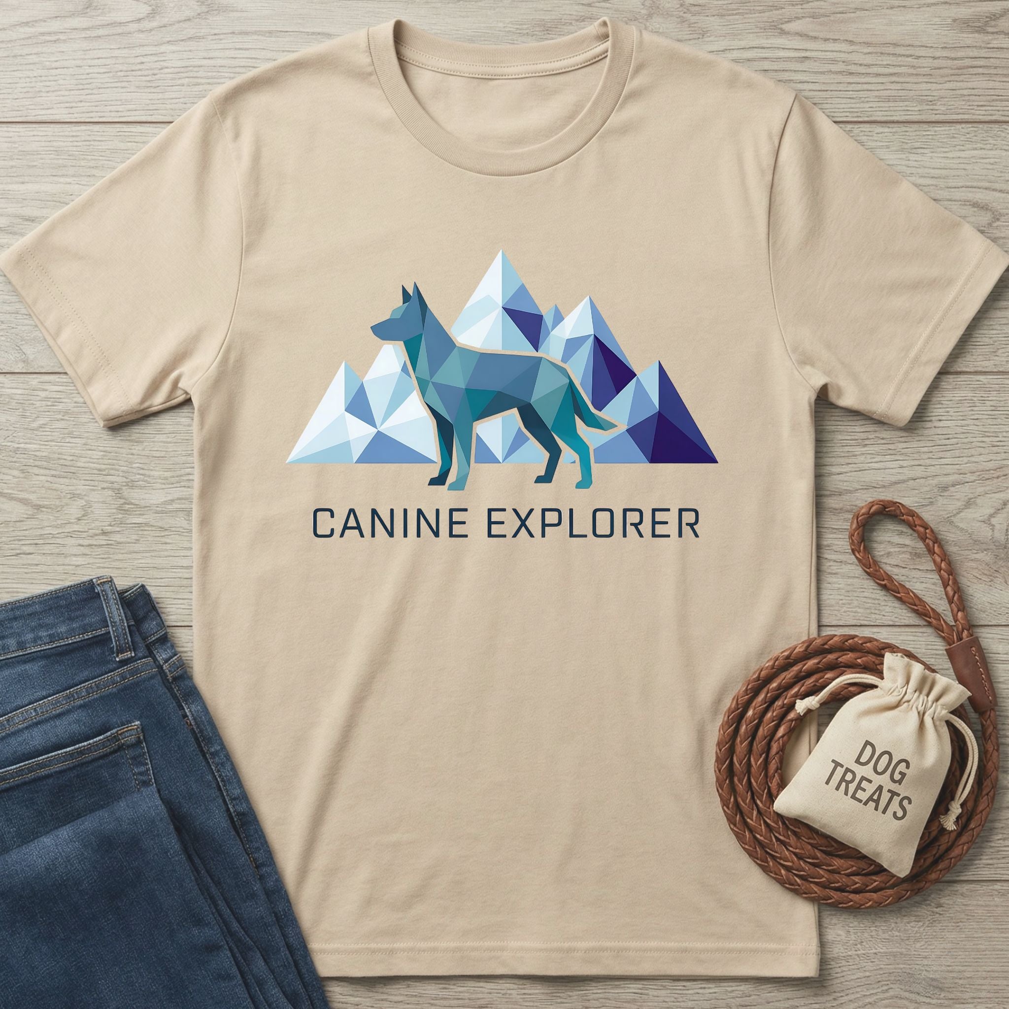 Beige Gildan Softstyle t-shirt with a geometric blue dog and mountain graphic, "CANINE EXPLORER" text, next to jeans and dog treats.