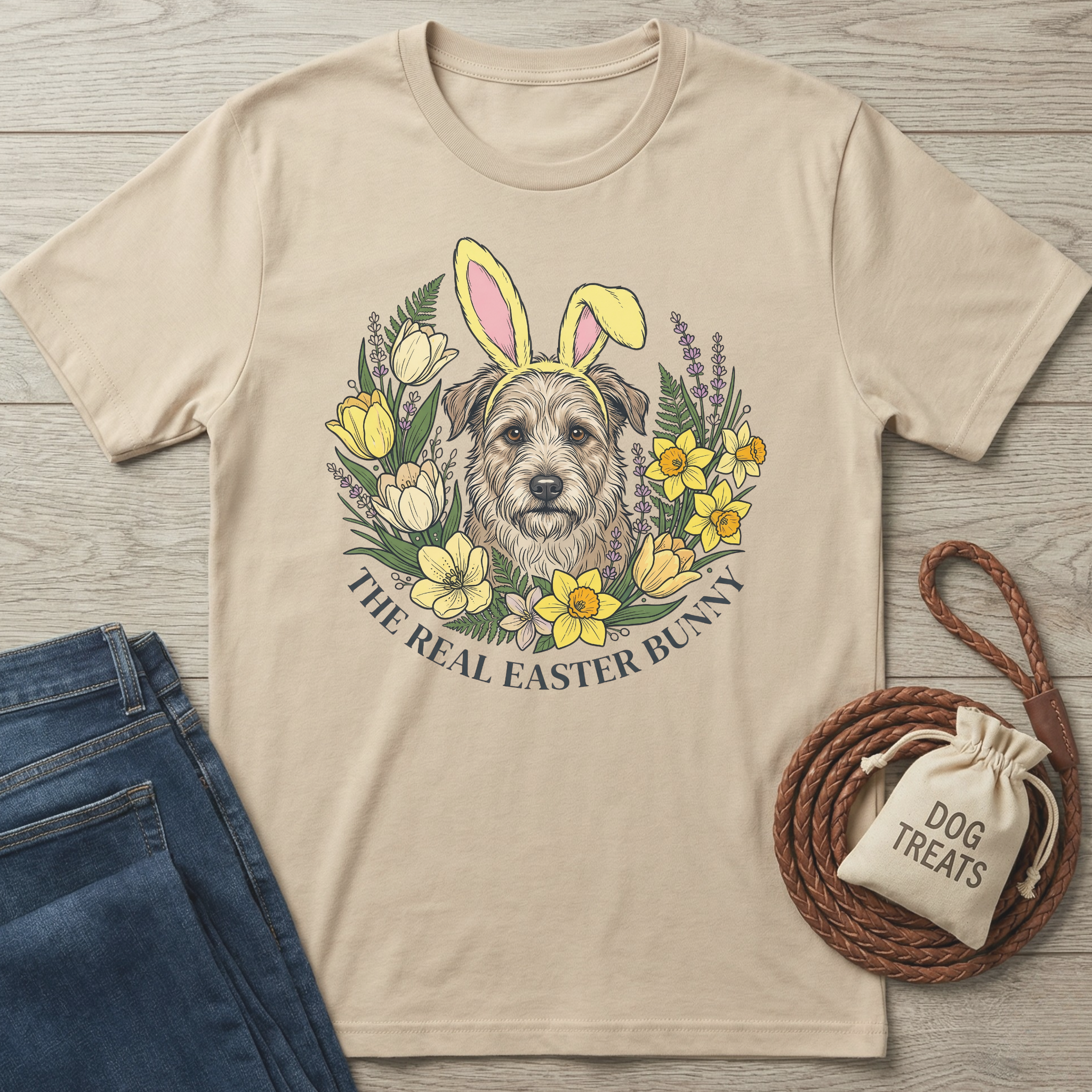 Beige "The Real Easter Bunny" t-shirt with a dog in bunny ears surrounded by spring flowers.