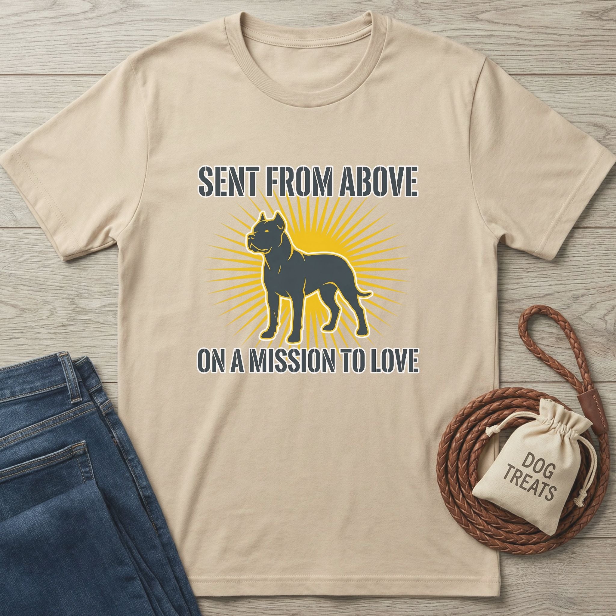 Tan Gildan Softstyle® t-shirt with "Sent From Above On A Mission To Love" text and a dog silhouette with sunburst.