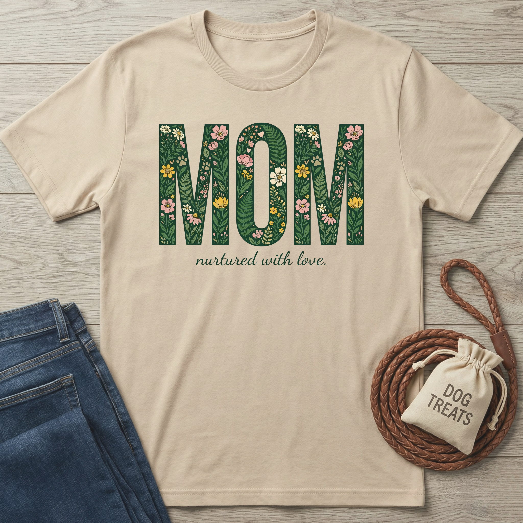 Beige cotton t-shirt with "MOM nurtured with love" in floral green letters.