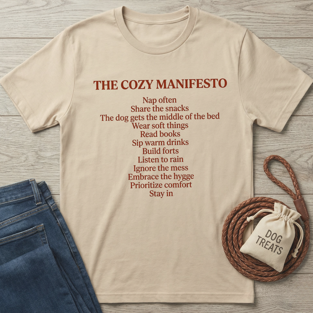 Beige cotton t-shirt with "The Cozy Manifesto" text in red, next to blue jeans and a "Dog Treats" bag.