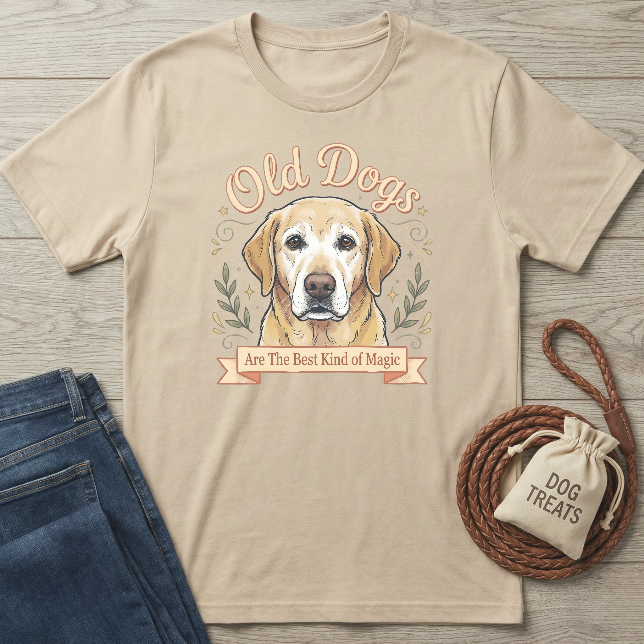 Beige cotton t-shirt with "Old Dogs Are The Best Kind of Magic" text and a yellow lab graphic.