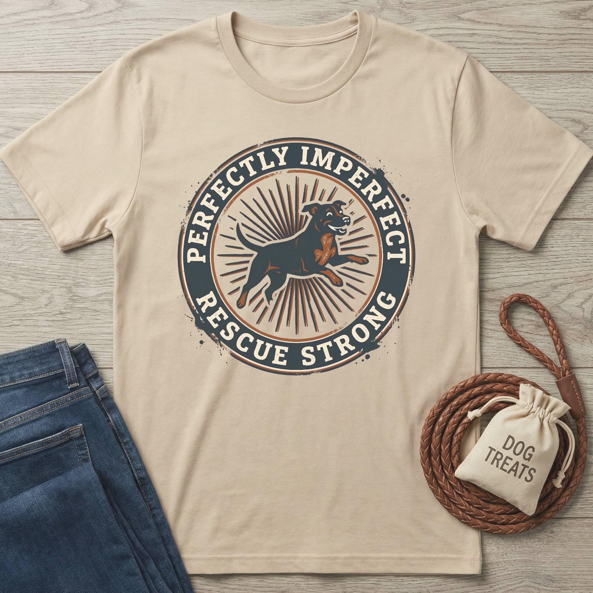 Beige "Perfectly Imperfect Rescue Strong" T-shirt with a dark dog graphic, next to jeans and dog treats.