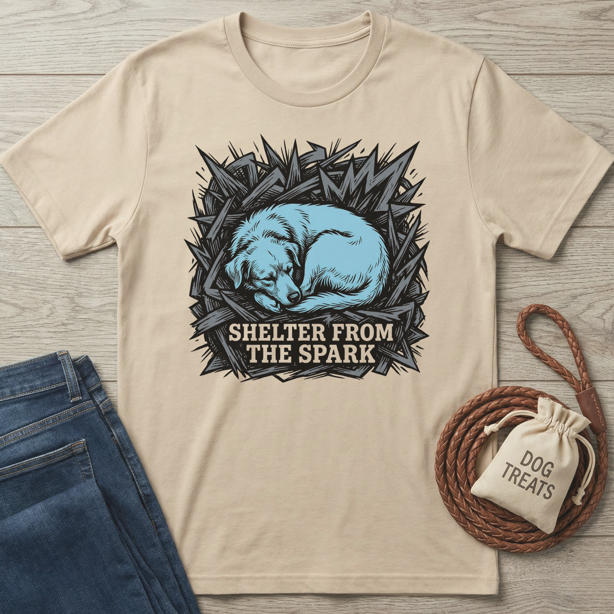 Beige cotton t-shirt with a blue sleeping dog graphic and "Shelter From The Spark" text.
