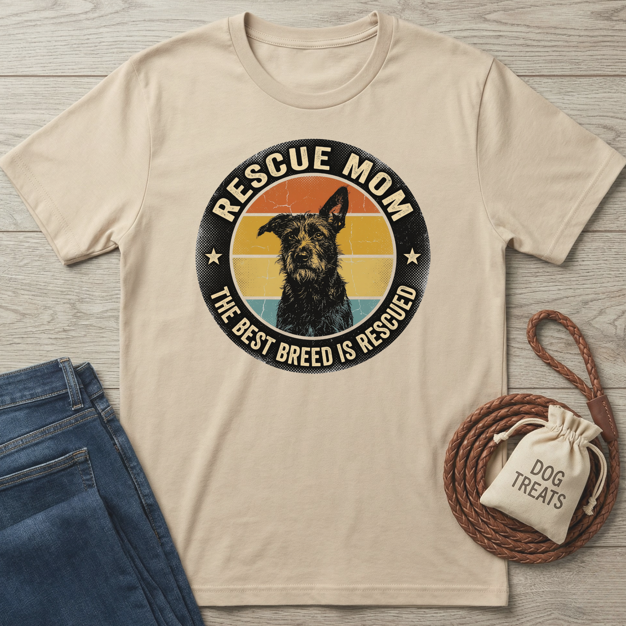 Beige "Rescue Mom" t-shirt with a black dog graphic, vintage sunset, and "The Best Breed Is Rescued" text.