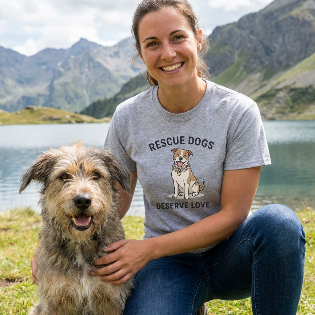 Woman in a grey "Rescue Dogs Deserve Love" t-shirt with a cartoon dog, kneeling with a shaggy dog by a lake.