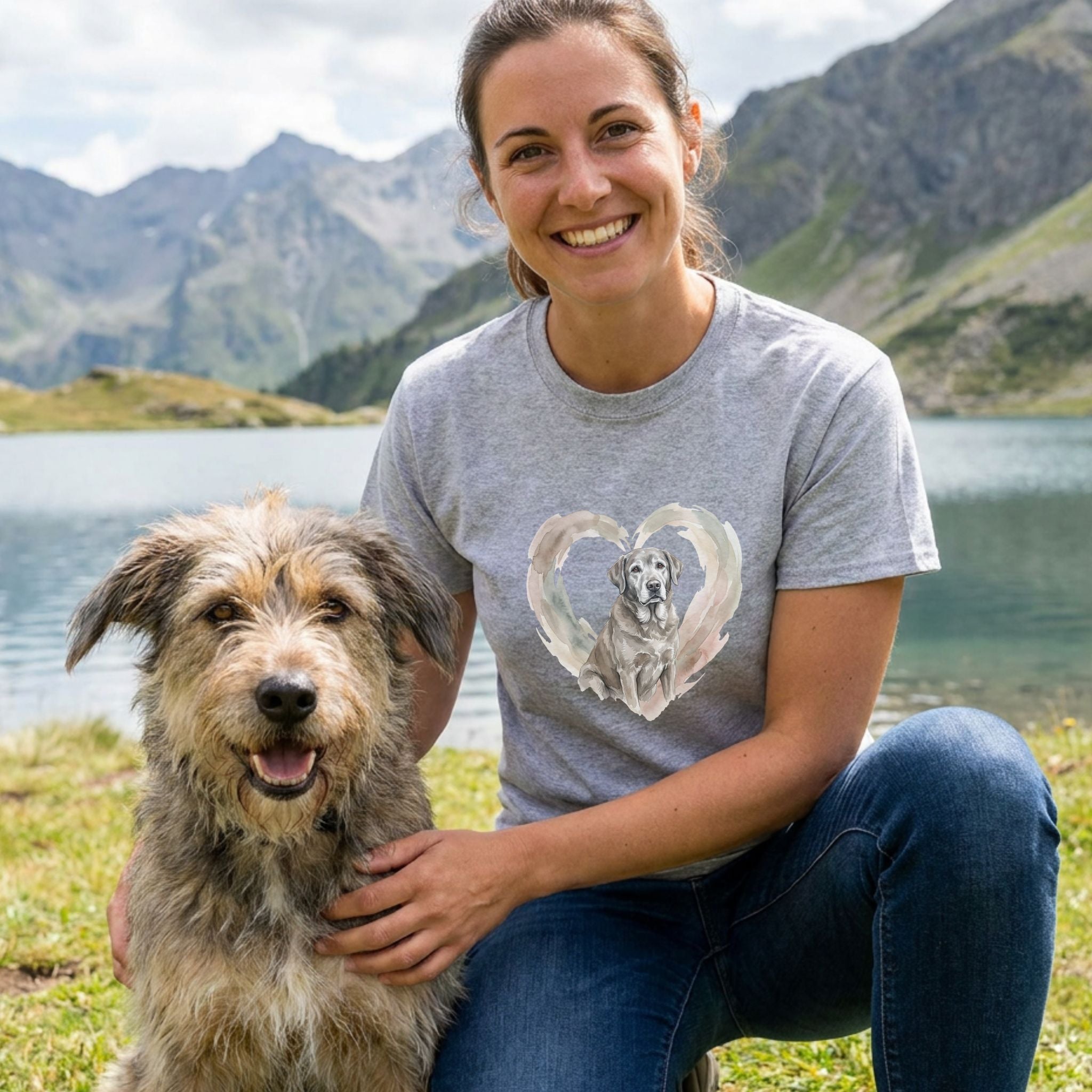 Woman in a gray Senior Heart T-Shirt with a watercolor dog heart design, kneeling with a rescue dog by a lake.