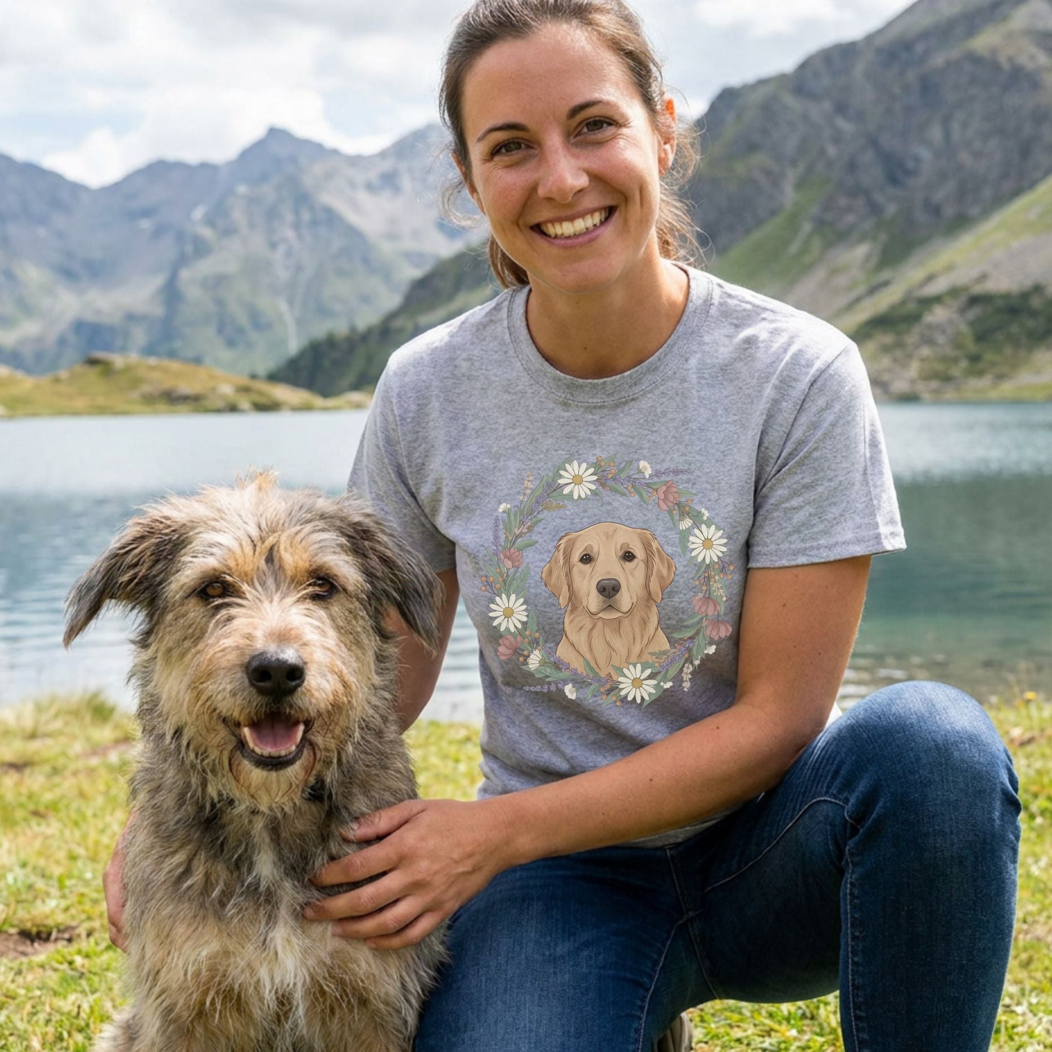 Woman in a grey Gildan Softstyle tee with a Golden Retriever in a floral wreath, next to a dog by a lake.