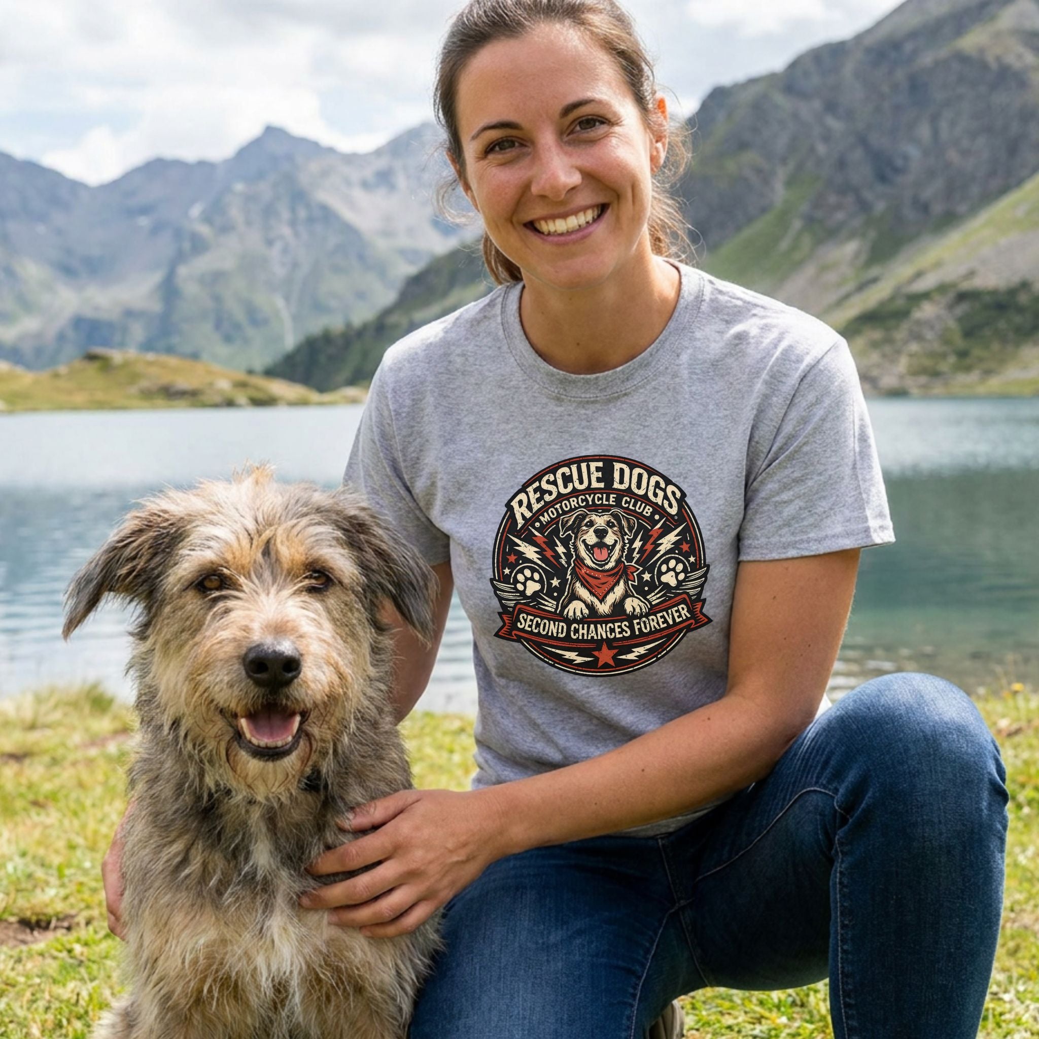 Woman in a grey "Rescue Dogs Motorcycle Club" tee with a dog by a lake and mountains.