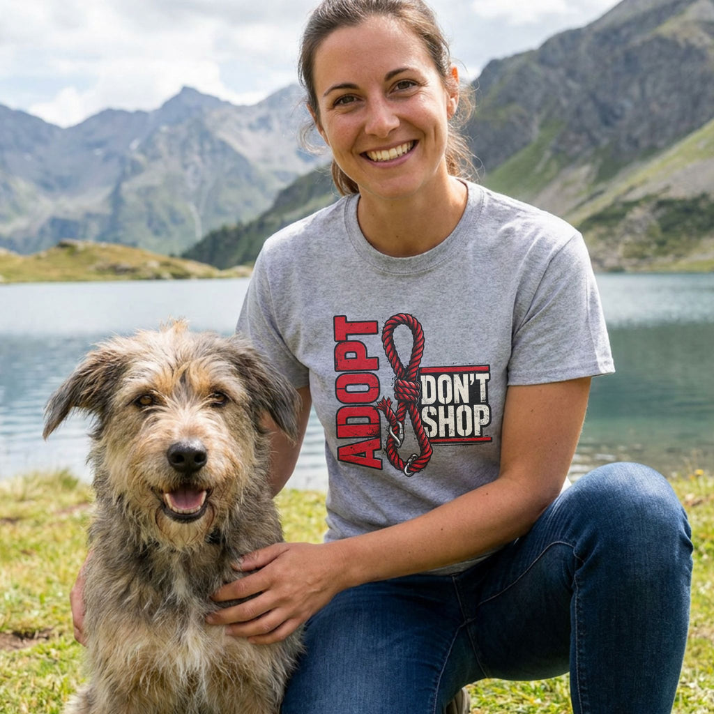 Woman in a grey "Adopt Don't Shop" t-shirt with a dog by a lake and mountains.