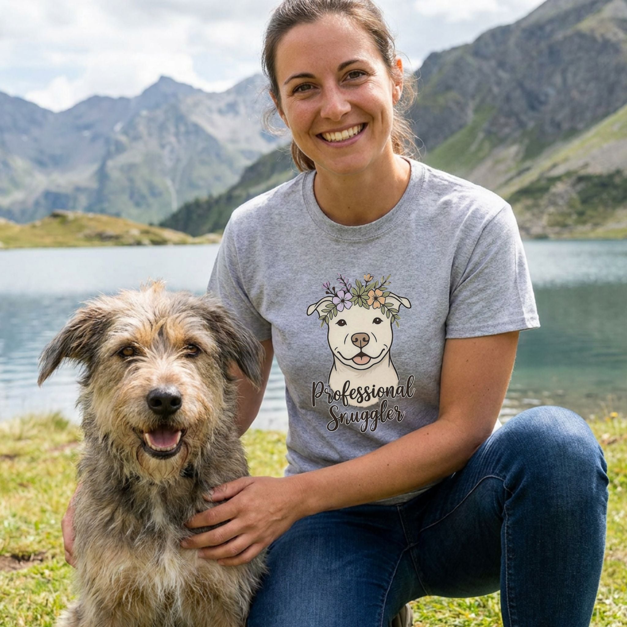 Woman in a grey "Professional Snuggler" t-shirt with a dog illustration, kneeling beside a scruffy dog outdoors.