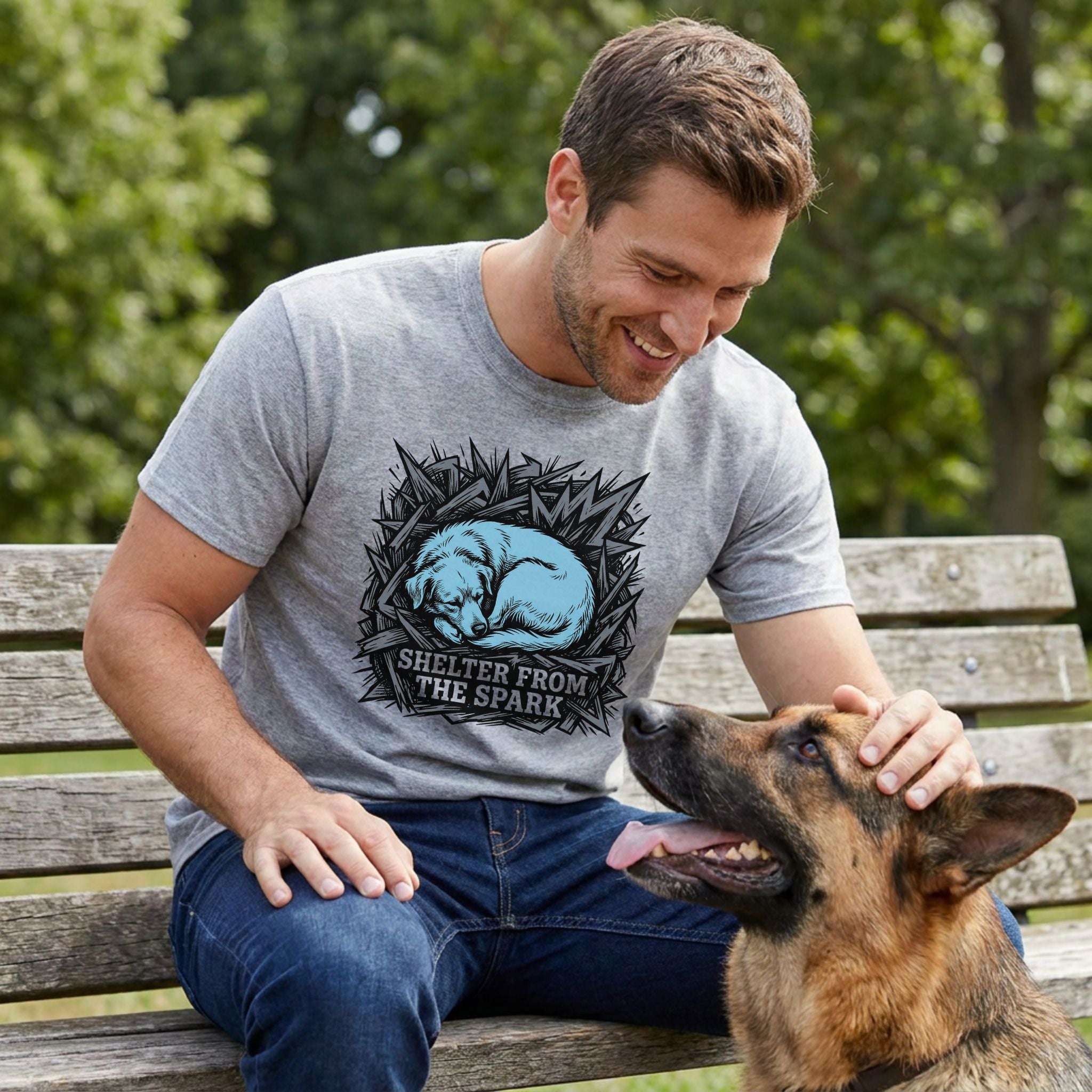 Man in a grey Gildan Softstyle t-shirt with a blue sleeping dog graphic, petting a German Shepherd on a park bench.