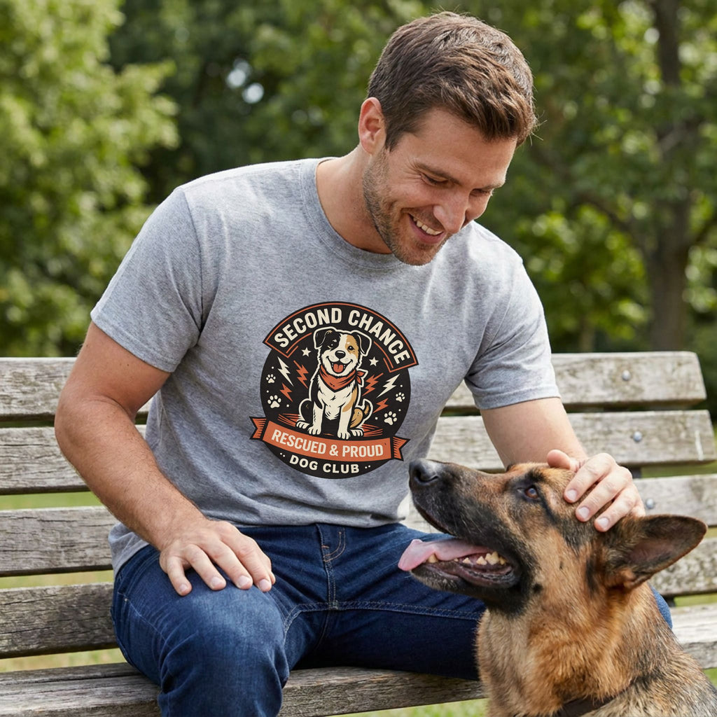 Man in a gray "Second Chance Dog Club" tee petting a German Shepherd on a park bench.