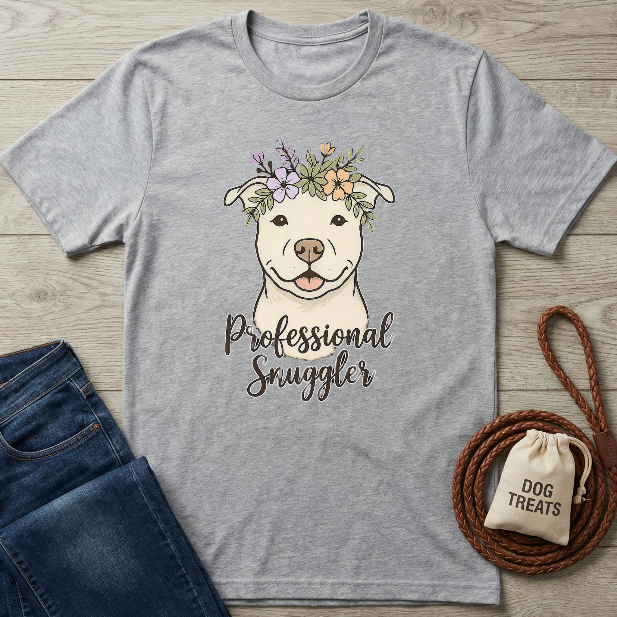 Heather gray cotton t-shirt with a smiling pit bull wearing a flower crown and "Professional Snuggler" text.