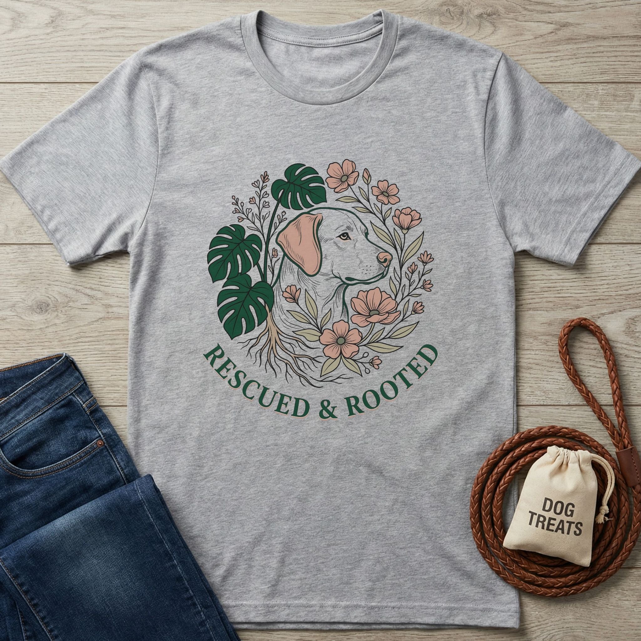 Light grey Gildan Softstyle® t-shirt with "Rescued & Rooted" text and a dog surrounded by plants design.