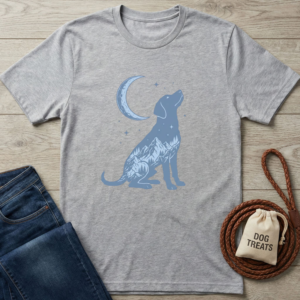 Gray Blue Moon T-shirt with a blue dog silhouette filled with mountains and a crescent moon.