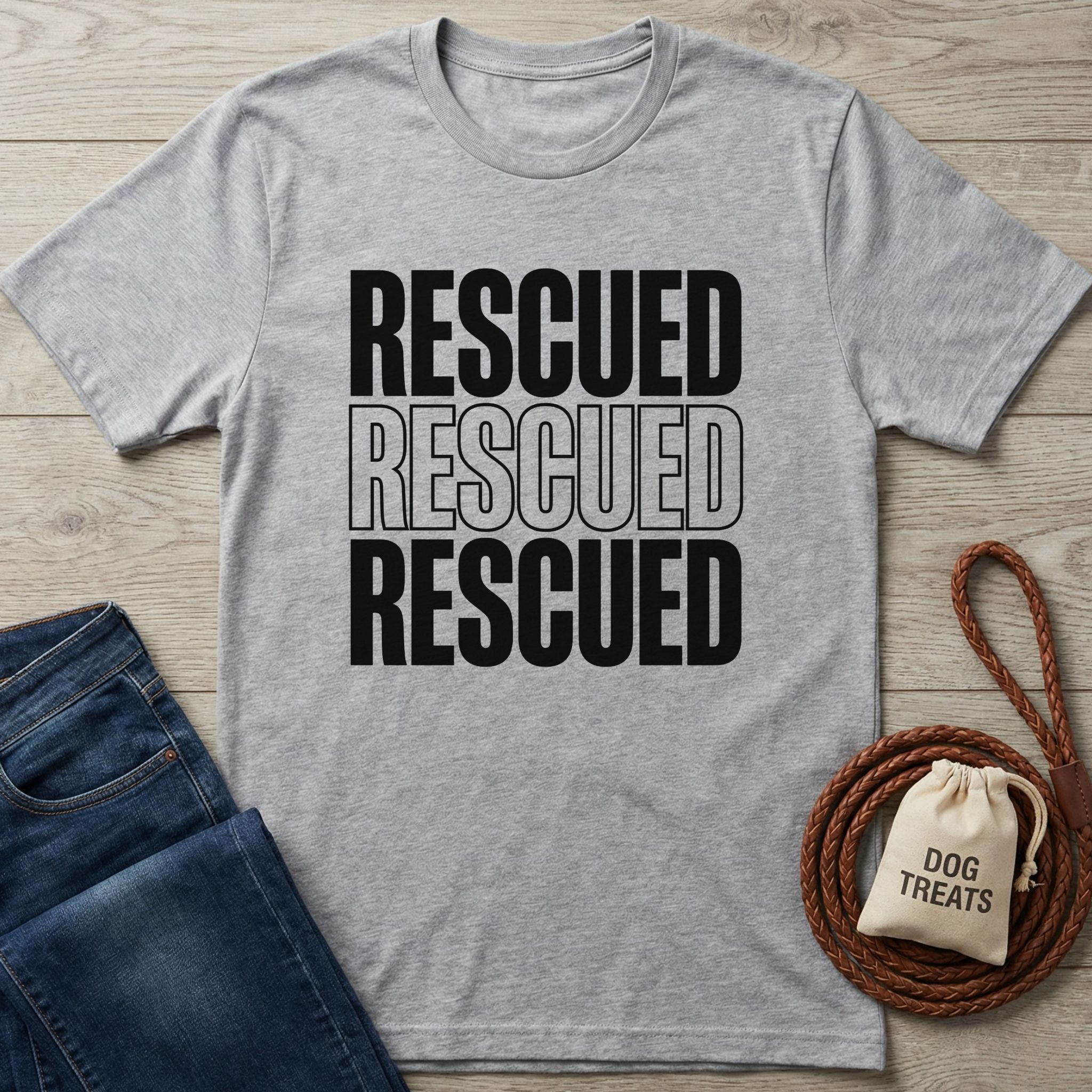 Light grey "Rescued" t-shirt, blue jeans, brown leather leash, and "DOG TREATS" bag on wood.