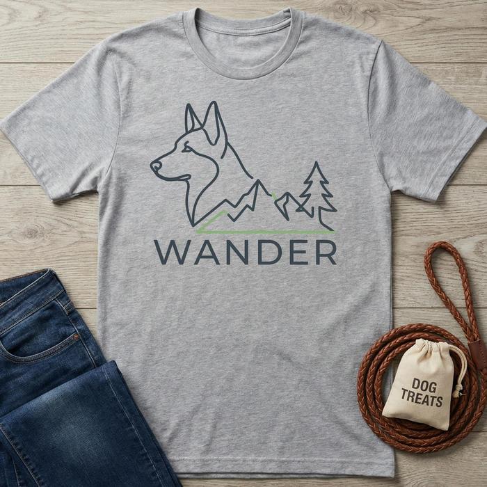 Gray Wander Dog T-Shirt with a husky, mountains, and trees graphic, next to jeans and dog treats.
