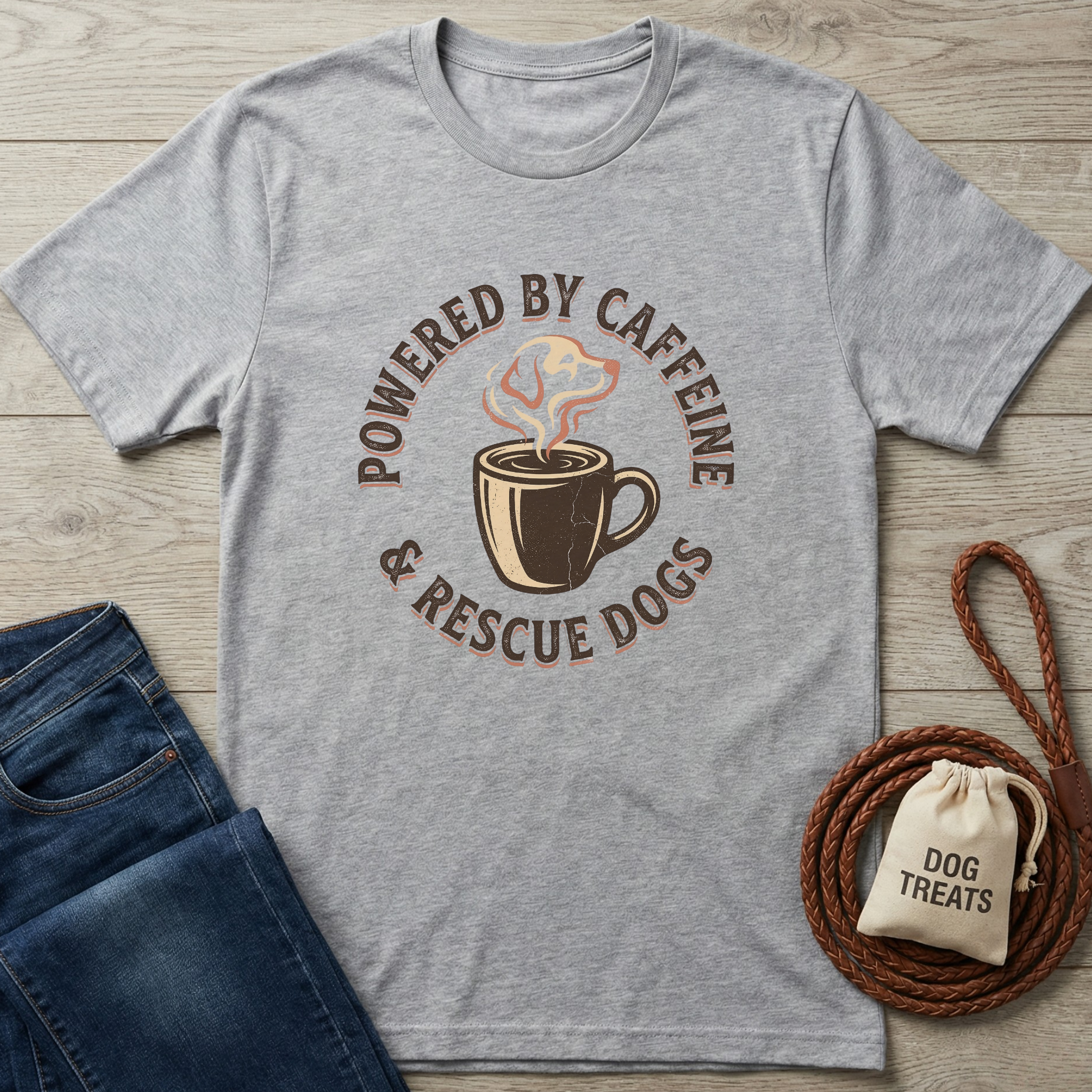 Heather gray short-sleeve t-shirt with "Powered By Caffeine & Rescue Dogs" graphic.