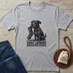 Light grey Gildan Softstyle t-shirt with a black terrier holding a sock and "Chief Laundry Relocation Officer" text.