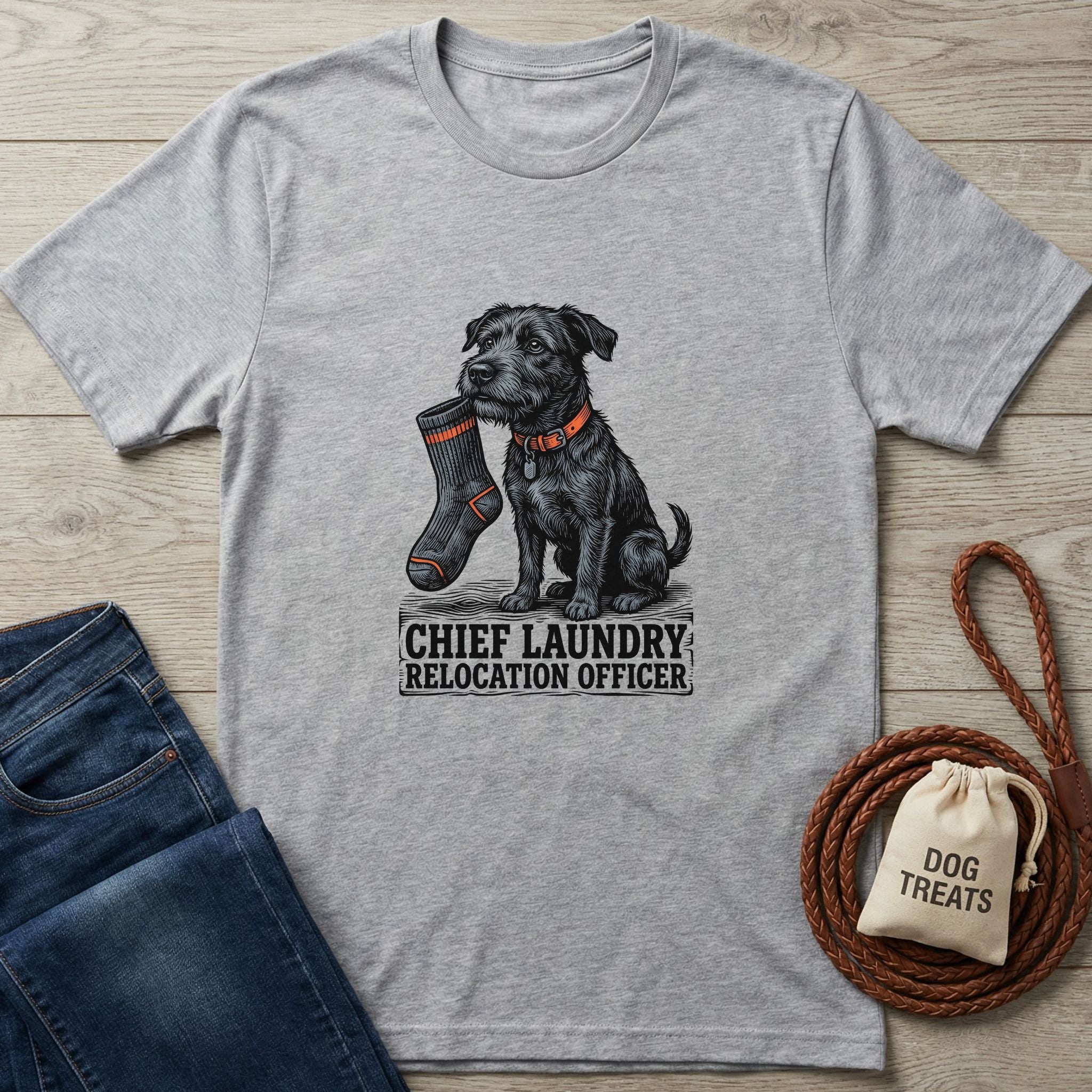 Light grey Gildan Softstyle t-shirt with a black terrier holding a sock and "Chief Laundry Relocation Officer" text.