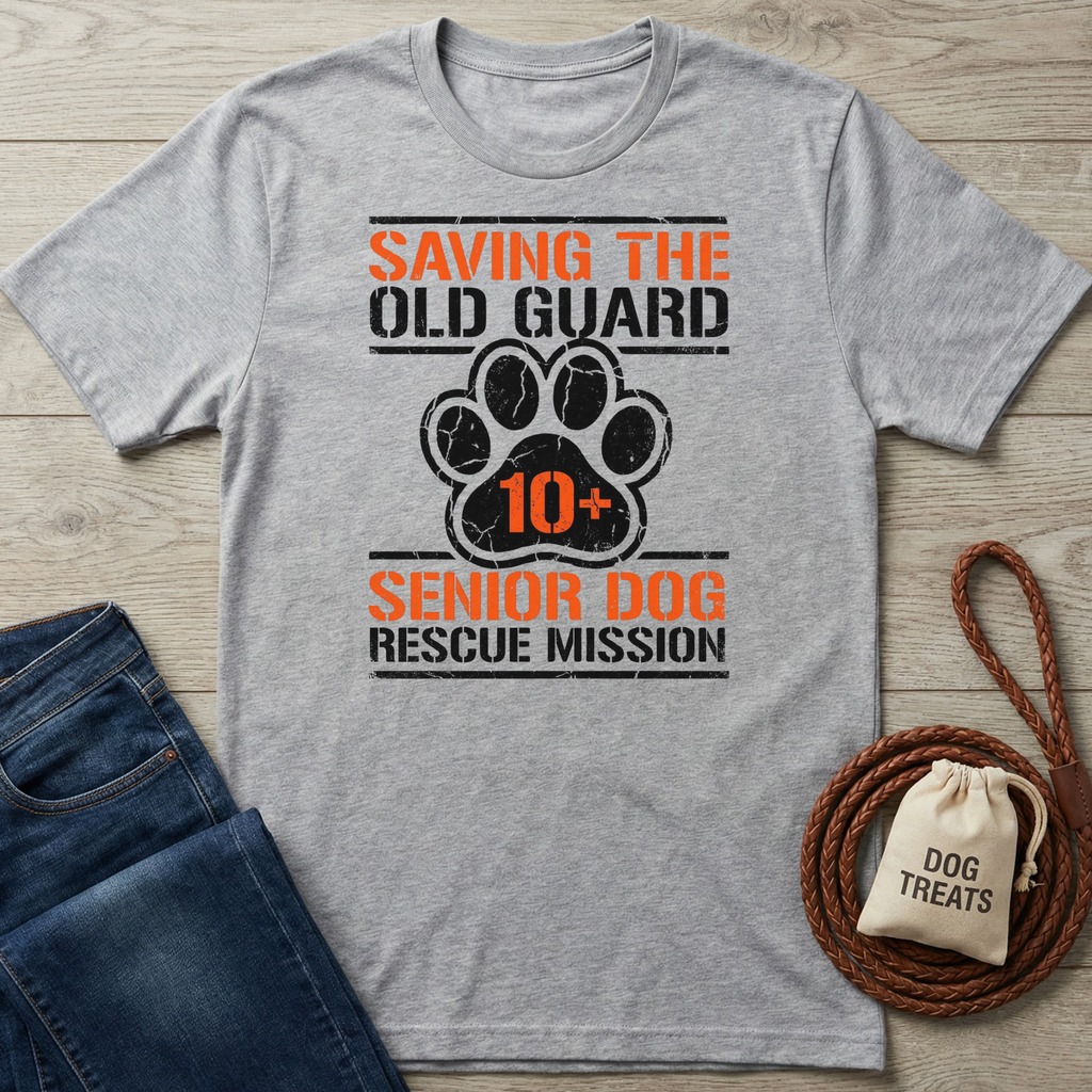 Gray "Saving The Old Guard" t-shirt with orange and black text, a paw print, and "10+ Senior Dog Rescue Mission" design.