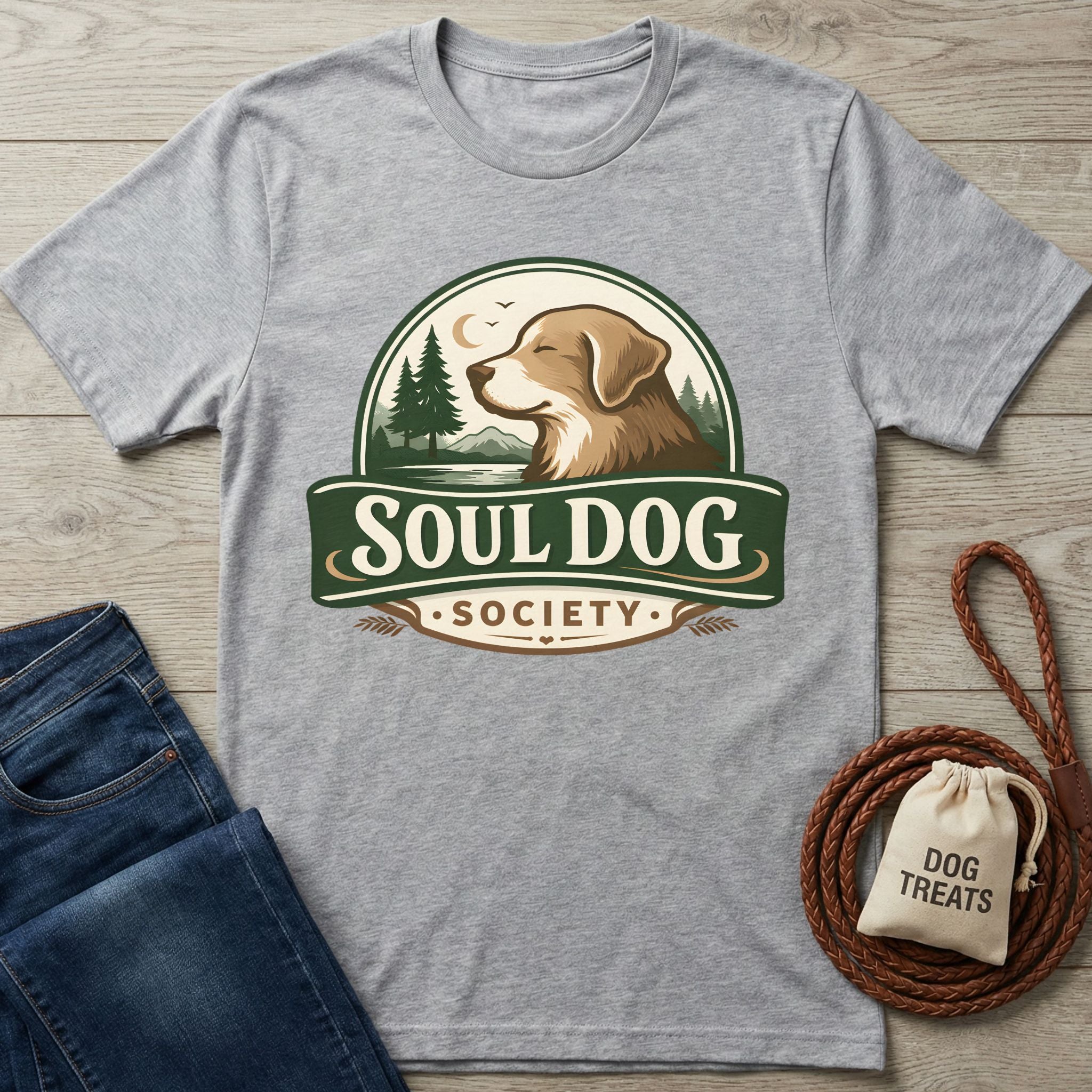 Light grey Soul Dog Society logo t-shirt with a brown dog, trees, and moon design, next to jeans and dog treats.