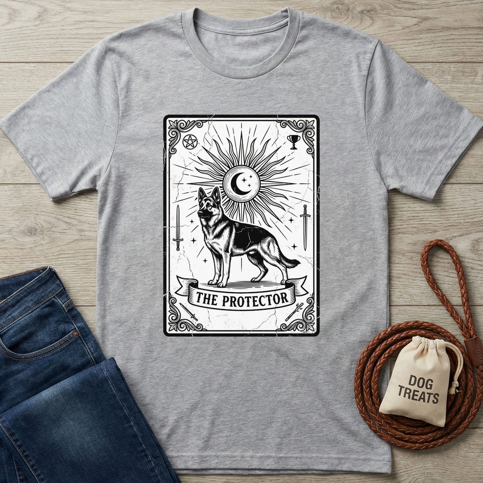 Gray cotton t-shirt with "The Protector" tarot card design featuring a German Shepherd.