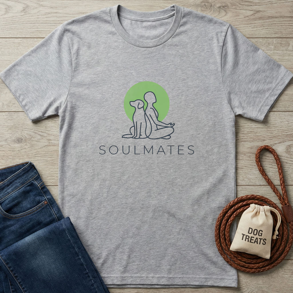 Light grey Gildan Softstyle® t-shirt with "Soulmates" dog and person graphic, beside jeans and dog treats.