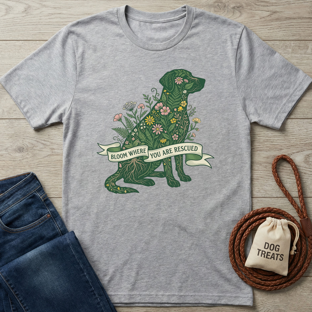 Light gray heather t-shirt with a green dog silhouette filled with colorful flowers and "Bloom Where You Are Rescued" banner.