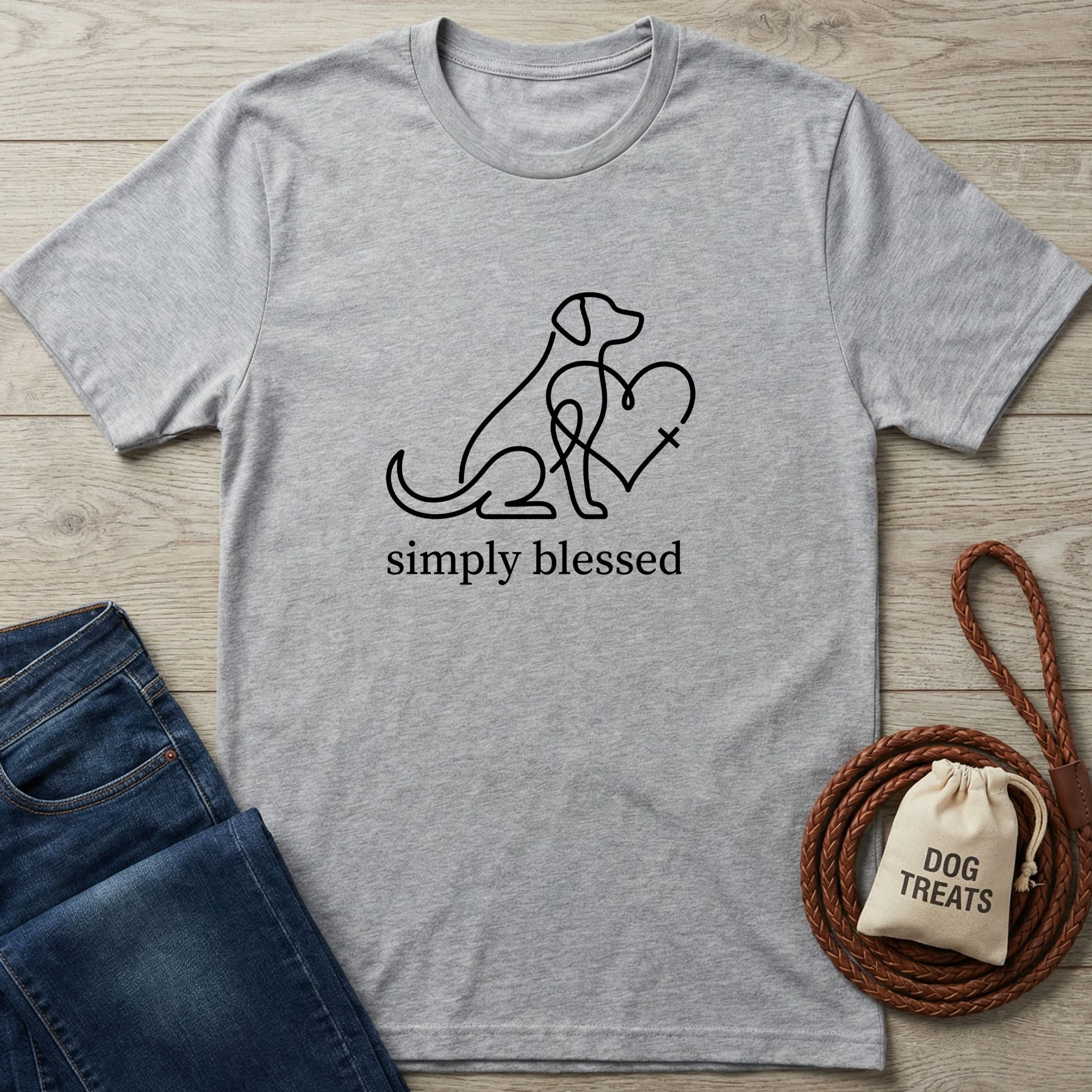 Light grey Gildan Softstyle t-shirt with a black line art dog and heart design, "simply blessed" text.