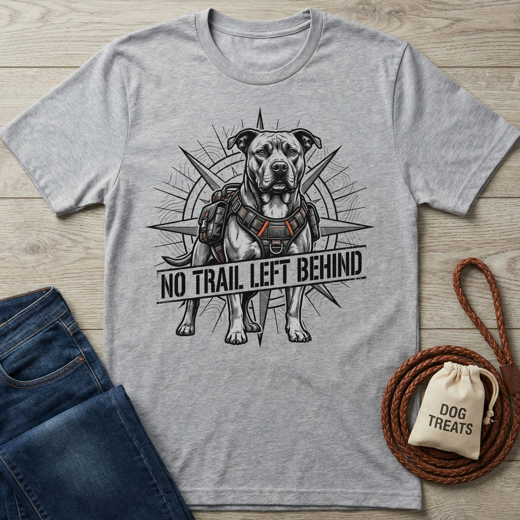 Gray cotton t-shirt with a graphic of a pit bull wearing a harness, compass, and "No Trail Left Behind" text.