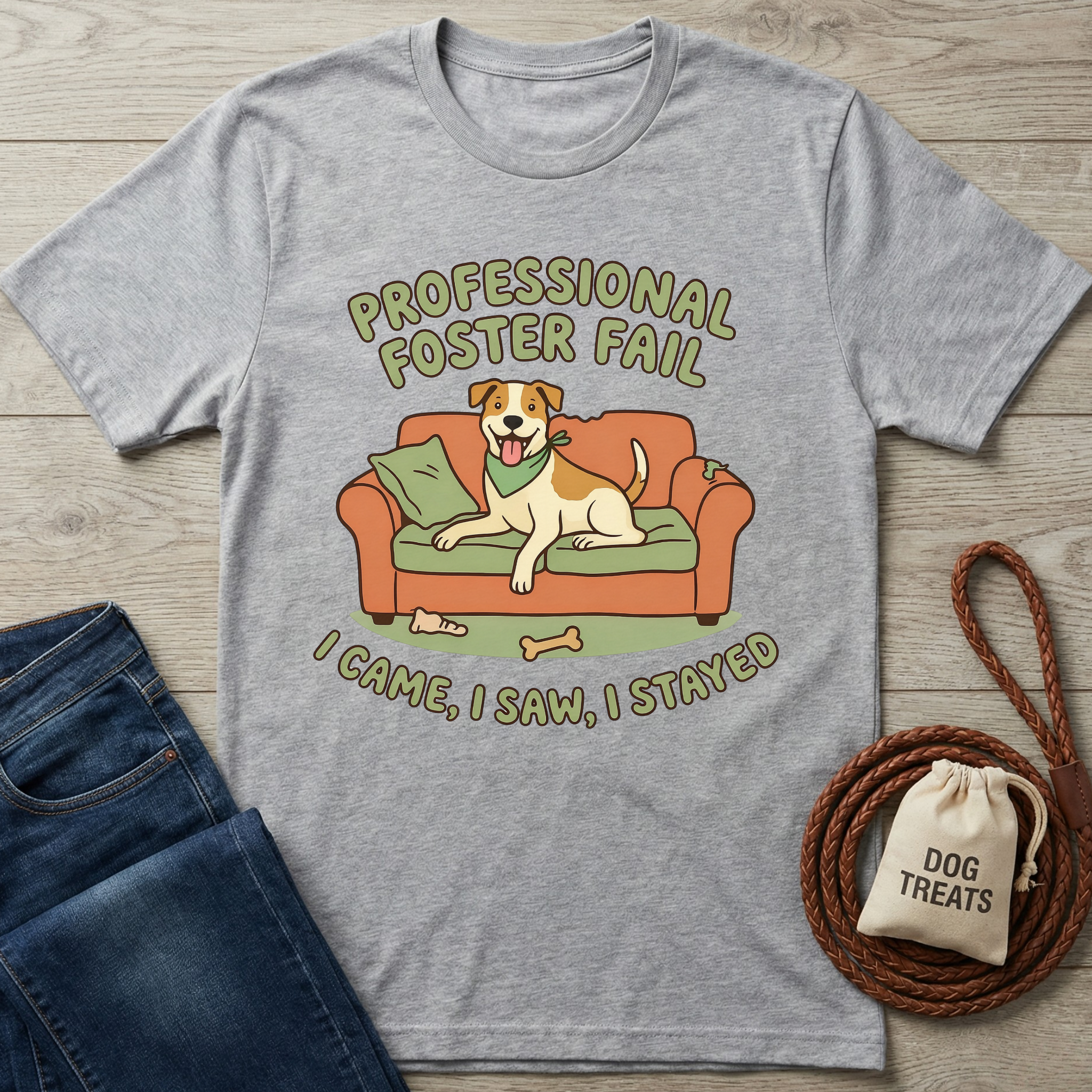 Light grey cotton t-shirt with "Professional Foster Fail" text and a dog on a couch design.